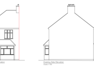 Loft conversion near Hounslow, London: existing front & side elevation