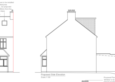 Loft conversion near Hounslow, London: proposed front & side elevation