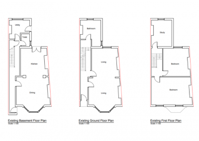 Existing basement floor plan, existing ground floor plan, existing first floor plan: drawings